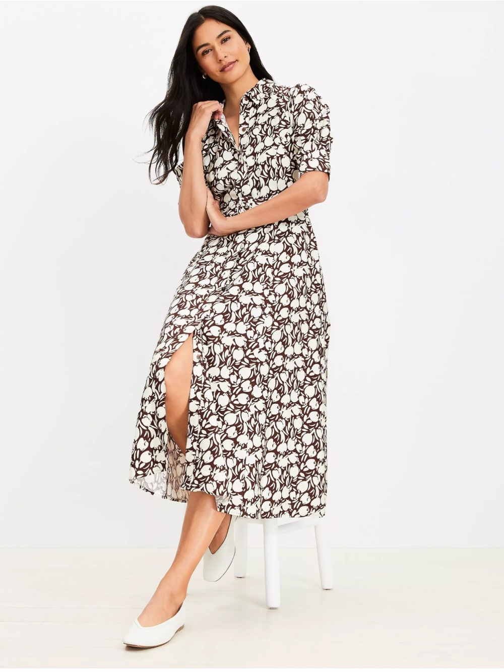 NWT Loft Brown & White Floral Belted Midi Dress